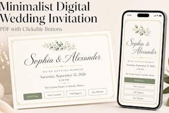 design minimalist digital wedding invitation with clickable buttons PDF