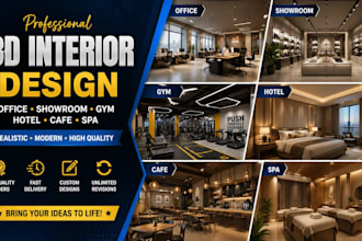 design 3d interior for office, cafe, gym, showroom, hotel or spa