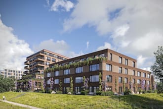 model 3d apartment building,red brick house renders, residential complex masonry