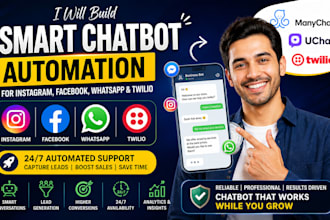 create manychat and uchat chatbot for instagram, facebook, and whatsapp, twilio