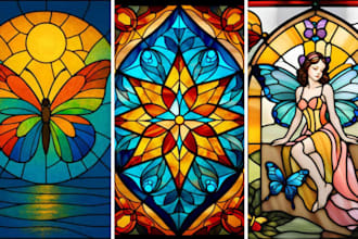 design stained glass art, mosaic window, art nouveau illustration dark fantasy