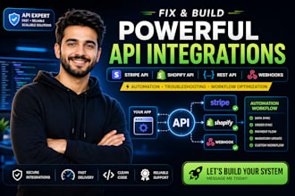 develop or fix API integration stripe API, shopify API, rest API webhook backend