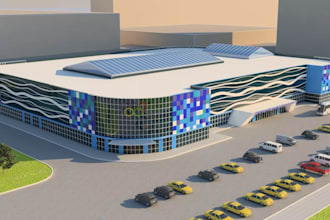 create photorealistic 3d rendering for stadium, sport complex and gaming arena