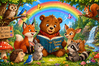 illustrate a whimsical childrens book with colorful art
