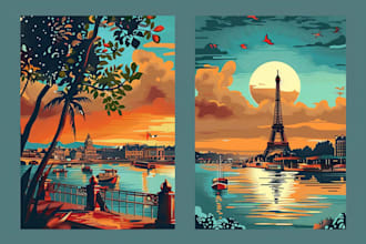 make art deco, vintage, retro, modern travel poster or landscape illustration