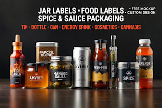 do premium jar bottle tin can label design and sauce spice food packaging mockup