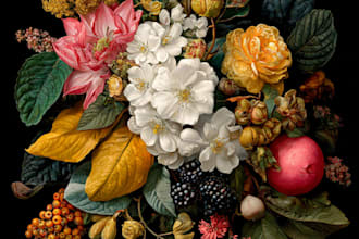 paint flower, plant, fruits, leaves botanical illustration