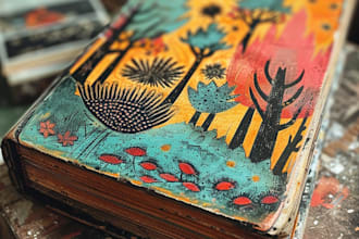 create niche colorful linocut and woodcut book illustrations