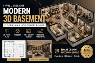design modern 3d basement, floor plan and high quality render