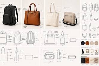 create bag design, backpack, handbag, tote bag and bag tech pack