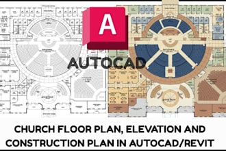 draw church floor plan, elevation and construction plan