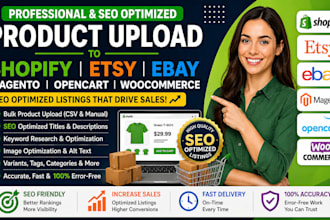 upload products to shopify, magento, opencart, ebay etsy stores, SEO optimized