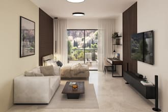 design 3d classical apartment,outdoor living, minimalist area,bedroom functional