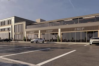 renovate commercial building,mall exterior, storefront render,plaza,parking lot