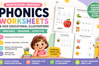 create montessori phonics worksheets and kids educational illustrations