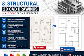 draft architectural and structural 2d cad drawings in autocad from pdf images