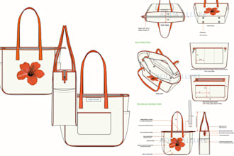 design bag, handbag, backpack tech packs, technical flat drawing for production
