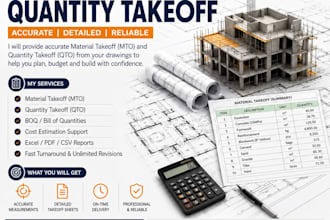 provide material takeoff, quantity takeoff, estimation as a quantity surveyor