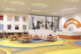 design 3d kindergarten, preschool, daycare, nursery school and learning space