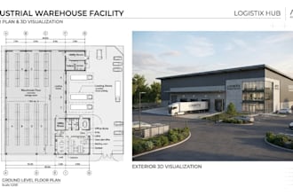 design 3d warehouse, industrial building, 2d floor plan with realistic 3d render