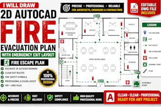 draw 2d autocad fire evacuation plan emergency exit layout with fire escape plan