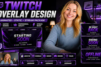 design custom animated twitch overlay, panels and stream package