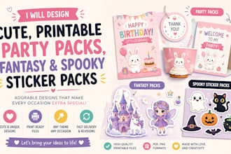 design cute, printable party packs, fantasy and spooky sticker packs