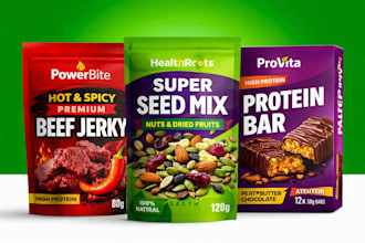design food product packaging, pouch, box design with diecut dieline 3d image