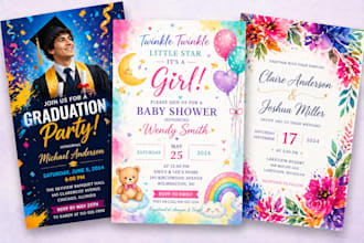 design beautiful wedding, baby shower graduation beach party invitation cards