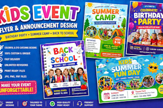 design kids birthday party, summer camp, back to school flyer announcement card