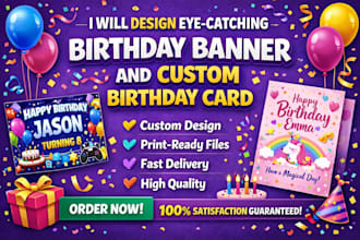 design eye catching birthday banner and custom birthday card