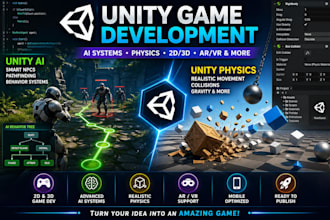 develop unity games with ai systems, physics, 2d, 3d and ar, VR game development