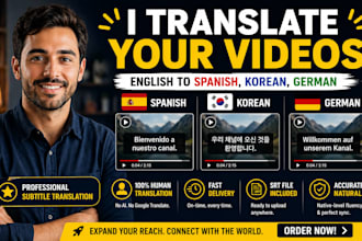 manually transcribe and translate english video to spanish korean german srt vtt
