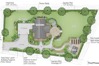 design site plan, plot plan, landscape and land layout with calculations