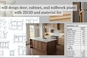 design door, cabinet, and millwork plan with 2d 3d and material list
