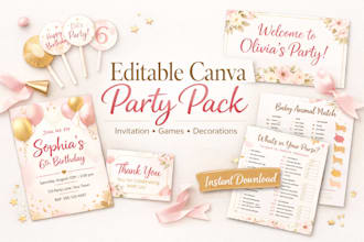 create editable canva printable party pack birthday event invitation card games