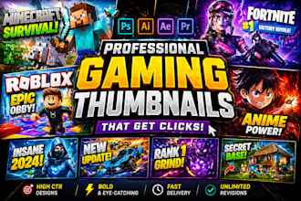 create gaming youtube thumbnails, clickbait, fortnite, roblox, minecraft