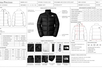 create tech pack for nuptse puffer, nano puff and 3 in 1 jacket for production