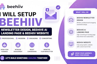 setup beehiiv newsletter design, beehive ai landing page and beehiiv website