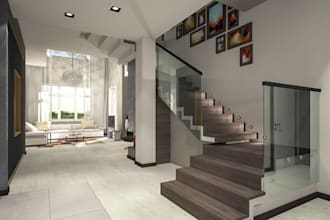 design 2d and 3d render for staircase, spiral stairs, handrail and glass railing