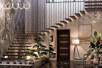 design 2d and 3d render for staircase, spiral stairs, handrail and glass railing