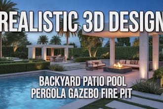 do 3d landscape, backyard, patio, pool,  pergola, deck and garden rendering
