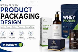 design premium product packaging, food label and box design with 3d mockup