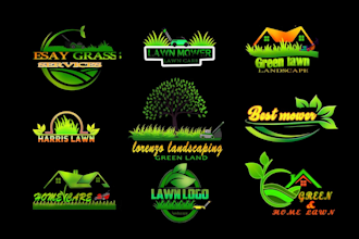 create modern tree care, grass trimming, lawn care, landscape logo design