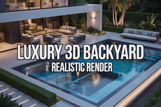 do realistic 3d backyard, pool, patio, pergola, deck, and landscape rendering