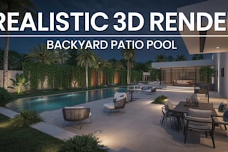 design modern 3d backyard, patio, pool, pergola, deck, and landscape render