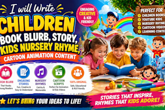 write children book blurb story kids nursery rhyme cartoon animation content