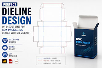 create perfect dieline or diecut line for box packaging design with 3d mockup