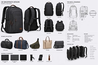 create 3d backpack models, bag designs, and technical drawings for manufacturing