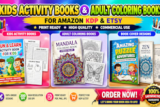 children book illustrations kids activity book cover design, adult coloring book